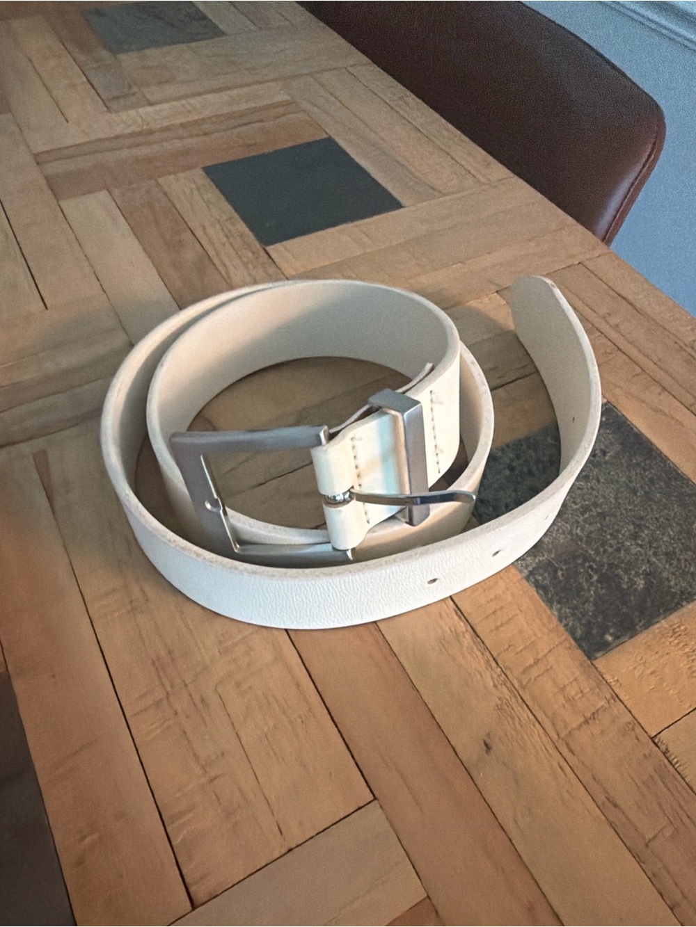 next White Leather Belt with Silver-Tone Buckle